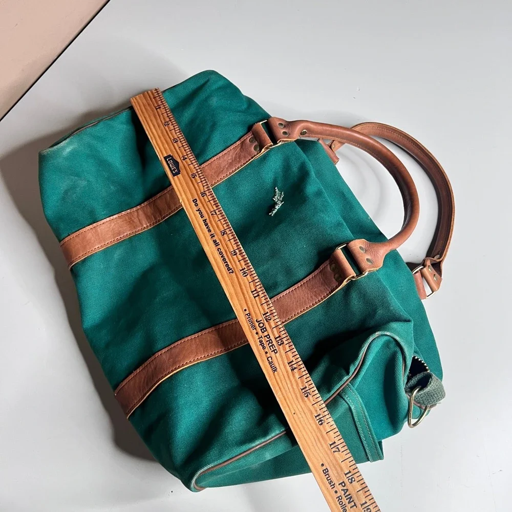 Vintage Crafted With Pride Green Canvas Leather Duffel Bag USA Made Weekender